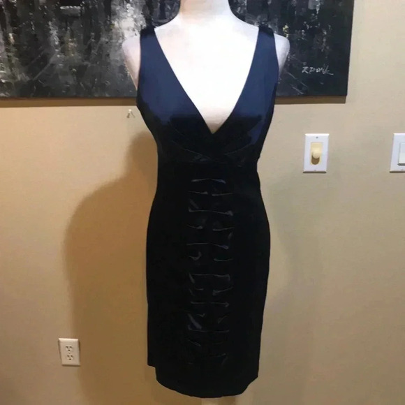 Calvin Klein Elegant Blue Satiny Deep V-Neckline Sleeveless Dress - Picture 3 of 10